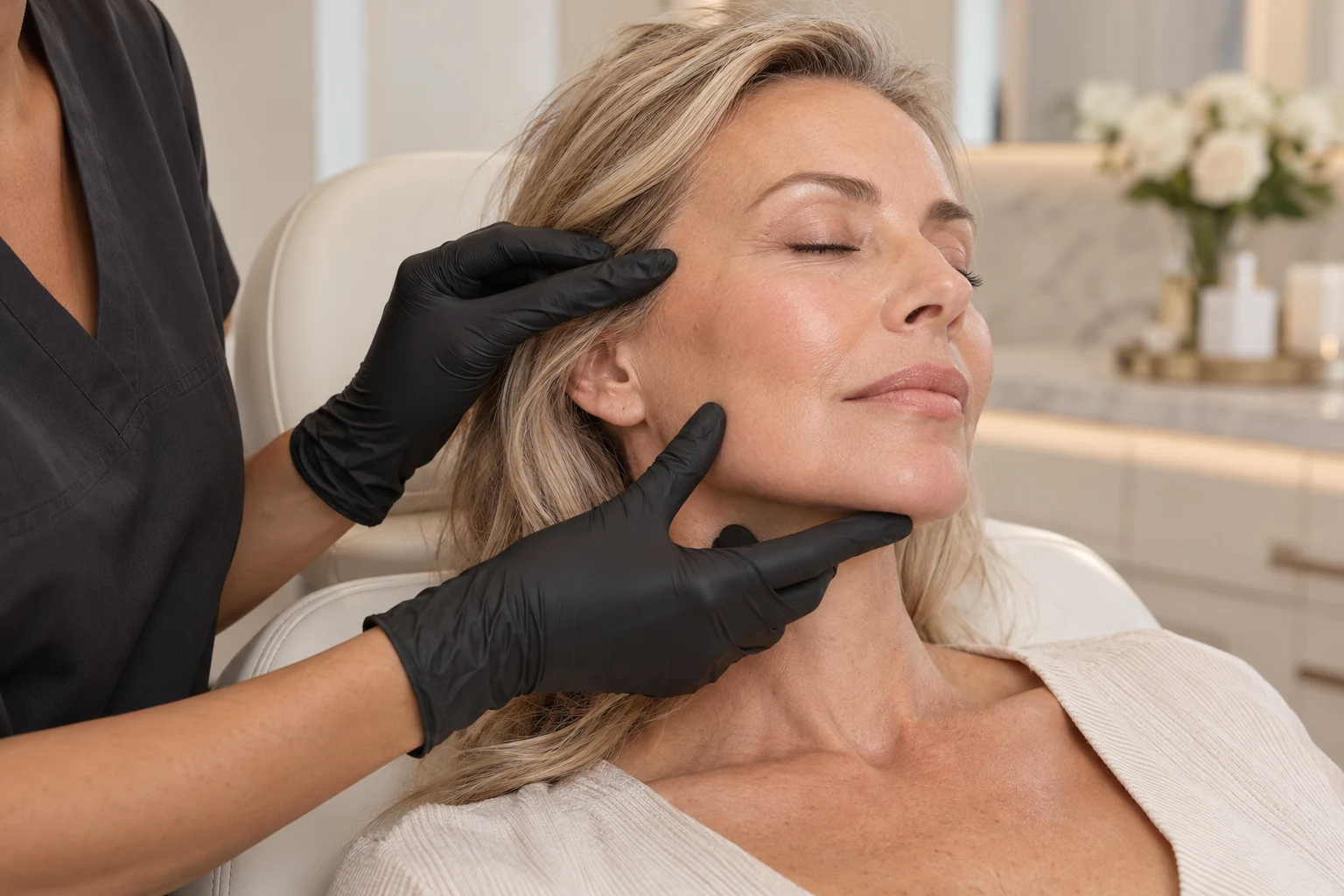 Illustrative clinical facial assessment in a bright aesthetic treatment room